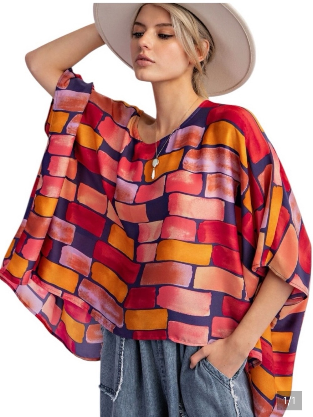 Easel Abstract Pink Blue Orange Brick Oversized Poncho Satin Top Sz S NWT